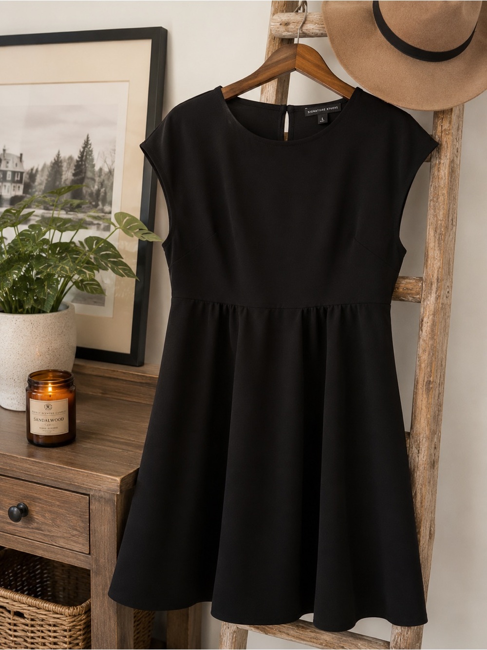 Signature Studio Black Cap-Sleeve Fit-and-Flare Mini Dress